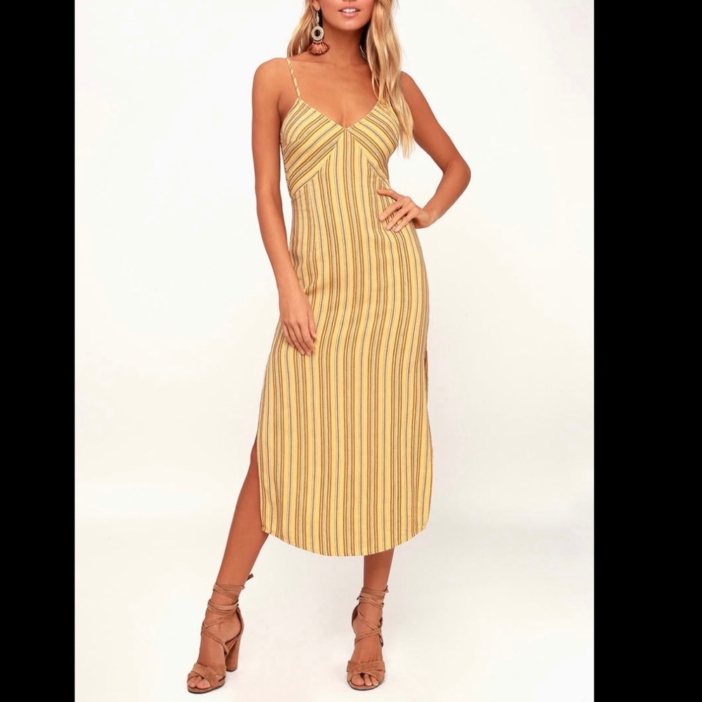Amuse Society Yellow Striped Tie-Back Midi Dress S